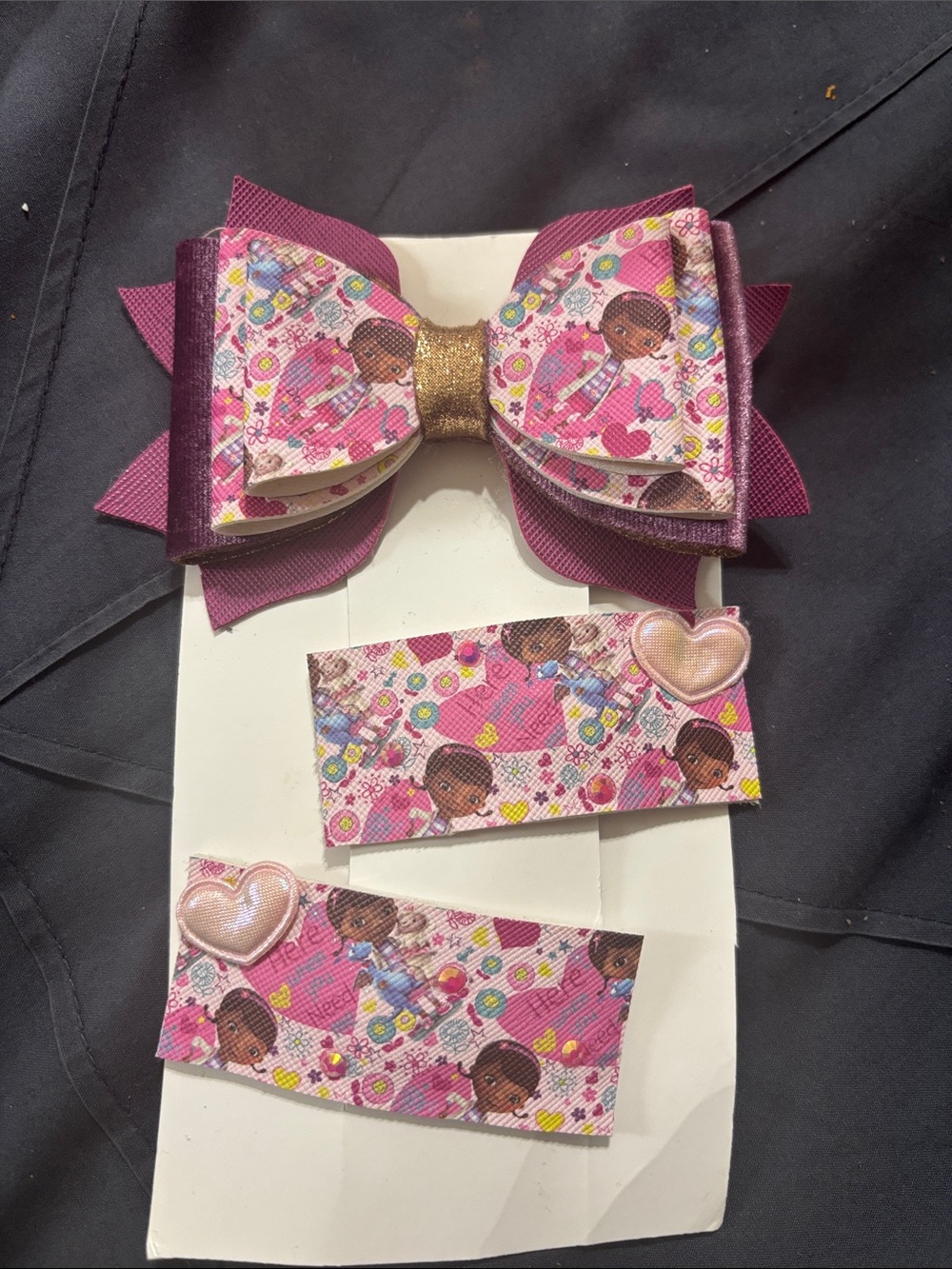 Pink Character Bow and Clip Set with Gold Accent - Kids Hair Accessories